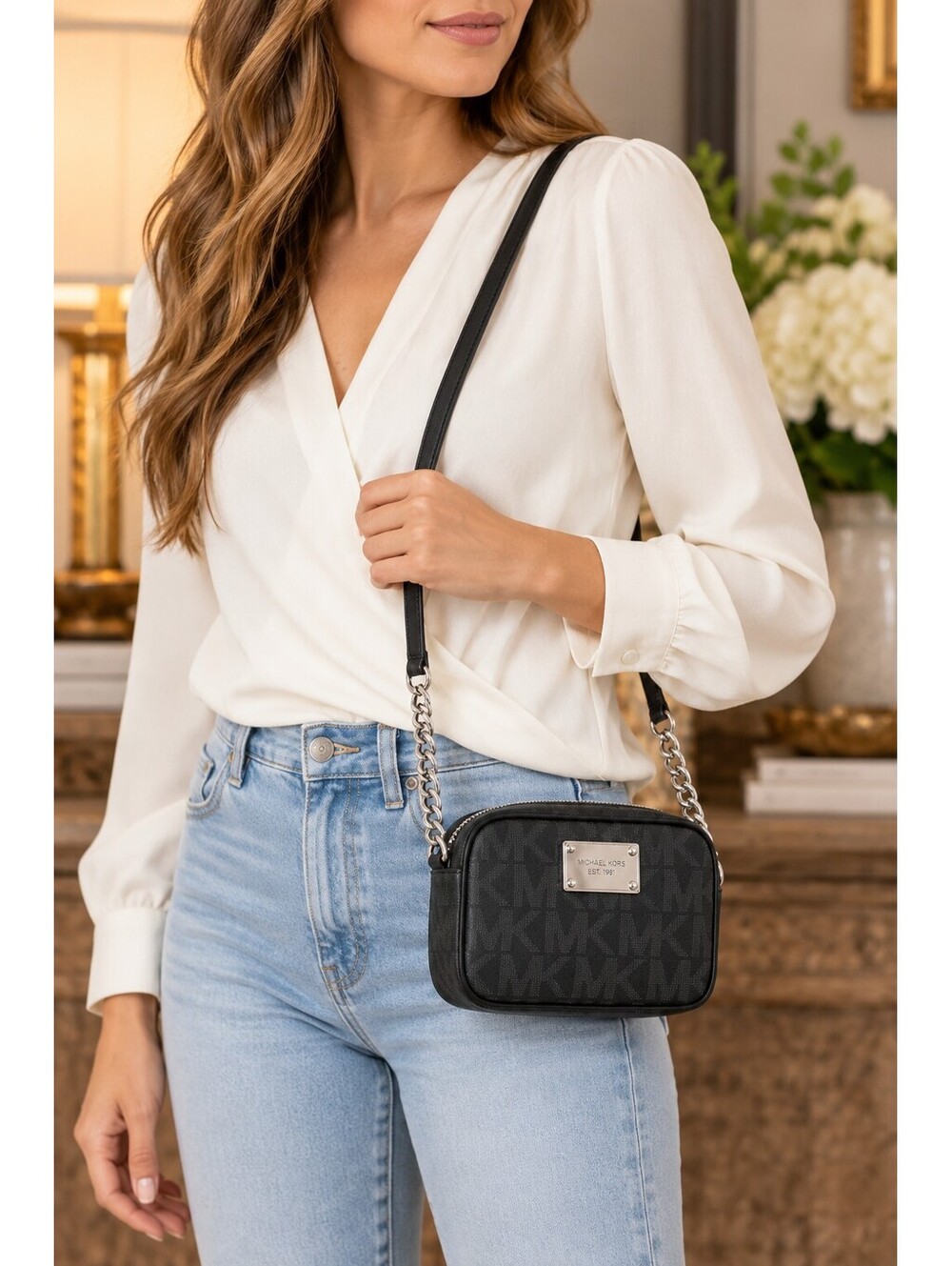Michael Kors Small Black Signature Crossbody Bag w/Silver Hardware